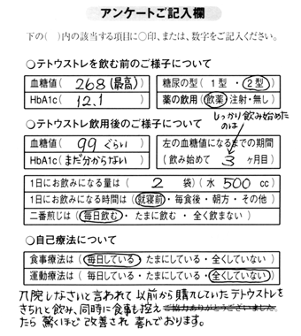 糖尿病2型・テトウストレ飲用3ヶ月：血糖値 99